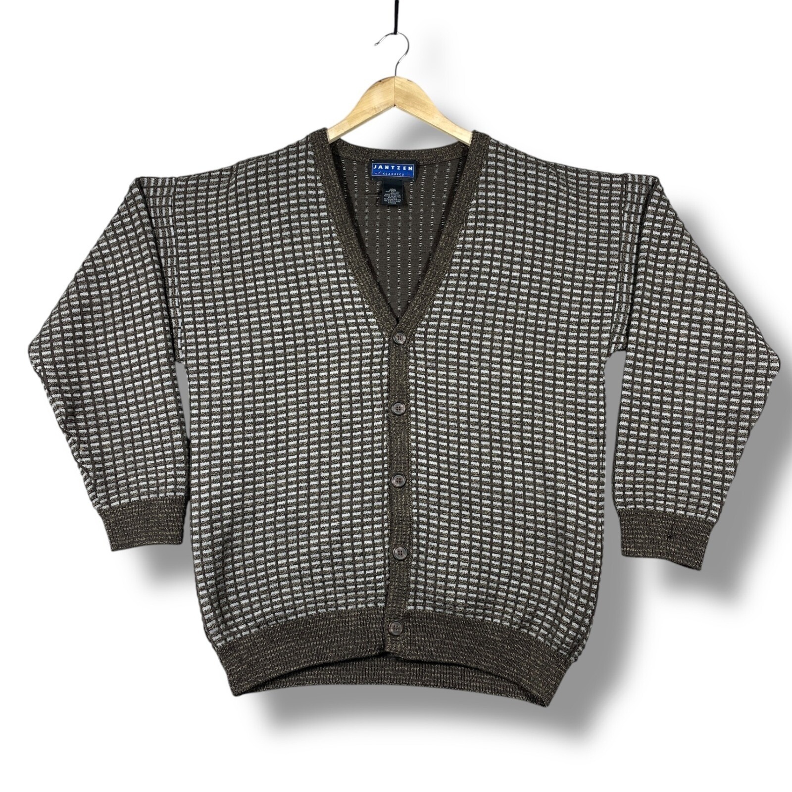 Vintage Jantzen Textur Knit Brown Acrylic Cardigan Sweater Preppy Grandpa Mens L