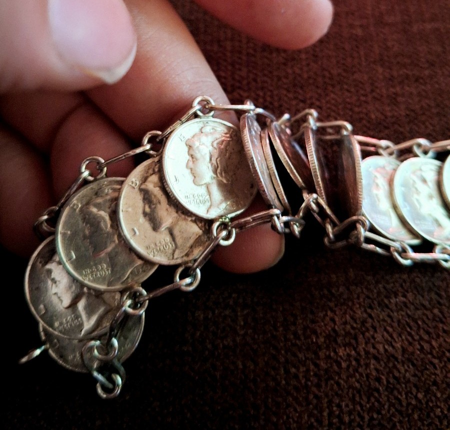 Rare Vintage Mid 1900s Era US Silver Coins Sterling Silver Bracelet - 7"L