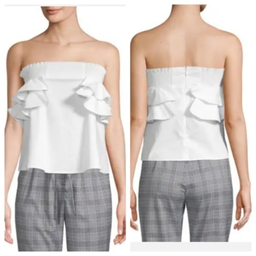 NWT 128.00 Lea & Viola White Smocked Ruffled Sleeveless Top Sz.S