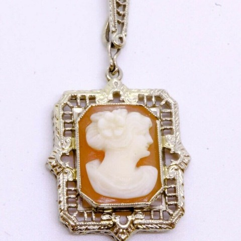 14K White Gold Rectangular Carnelian Shell Cameo Filigree Pendant LP2101126