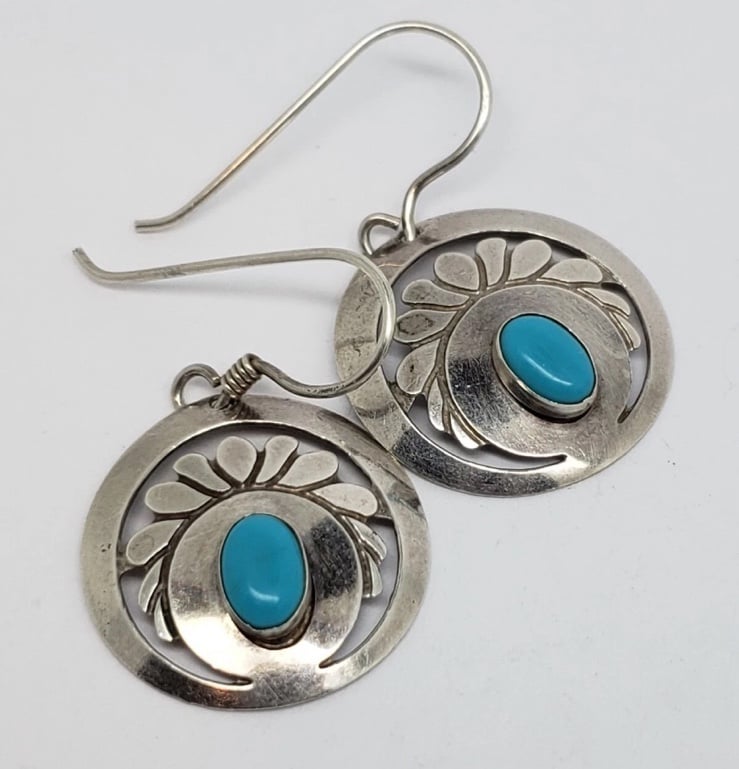 SOUTHWESTERN STERLING SILVER AND TURQUOISE DISCS DROP DANGLE EARRINGS