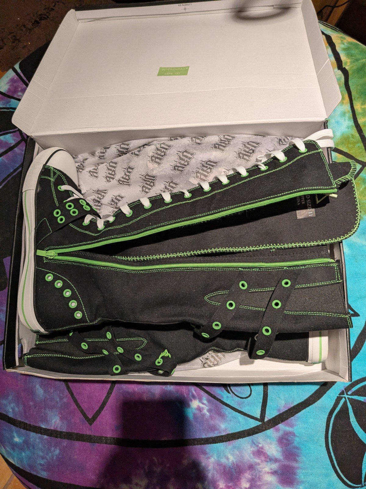 YRU Rawr XD Sz 11 Green/Black Knee High Converse Style Scene Emo Shoes LNIB