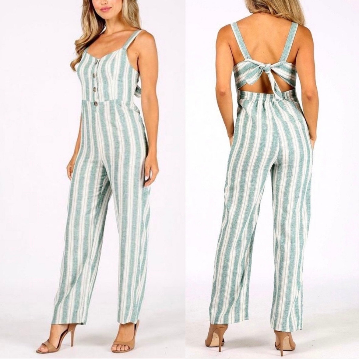 Womens Linen Blend Jumpsuit M Kelly Green Striped Wide Leg Sleeveless Tie Back