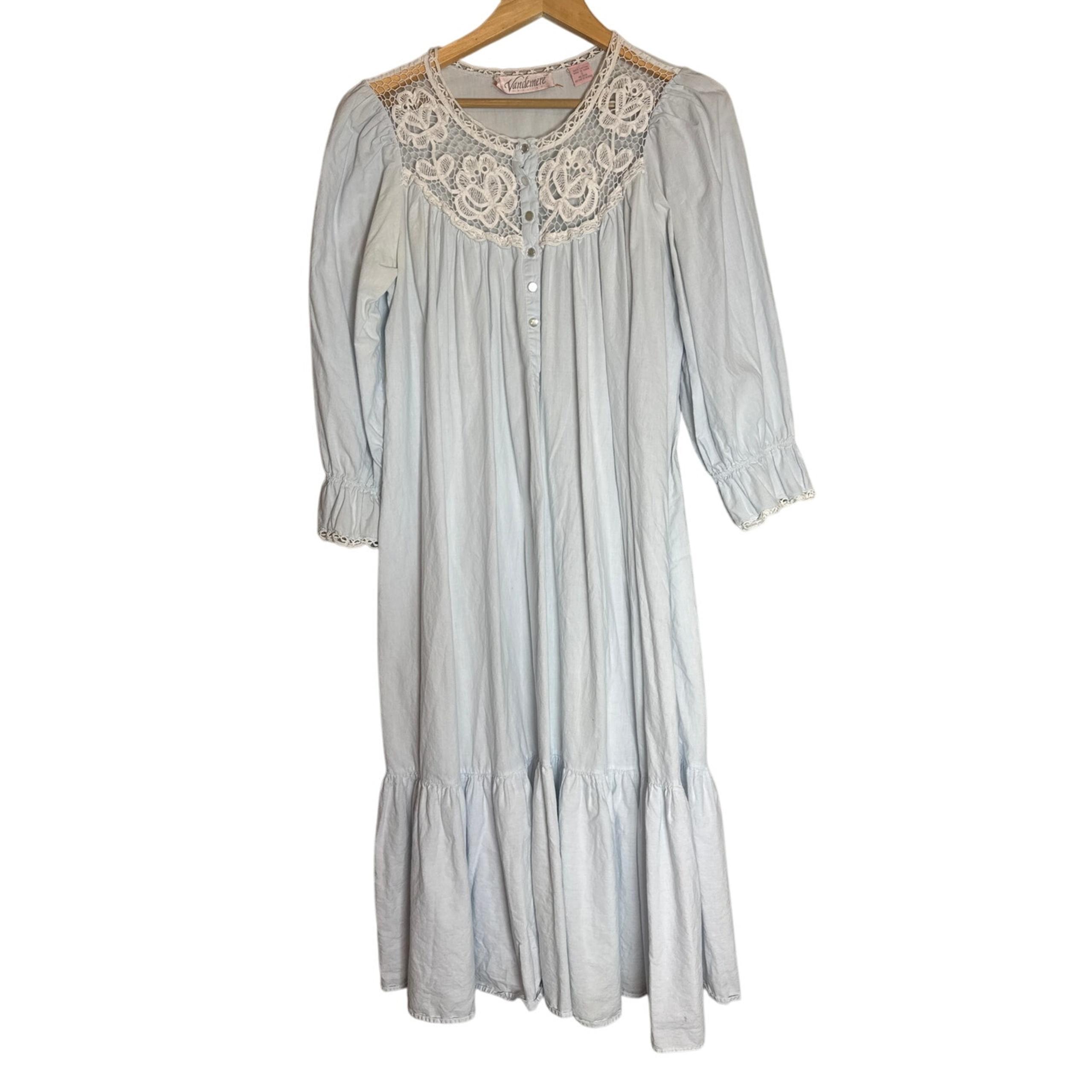Vintage 80s Cotton Crochet Trim Long Nightgown Womens Small Granny Grandma Blue