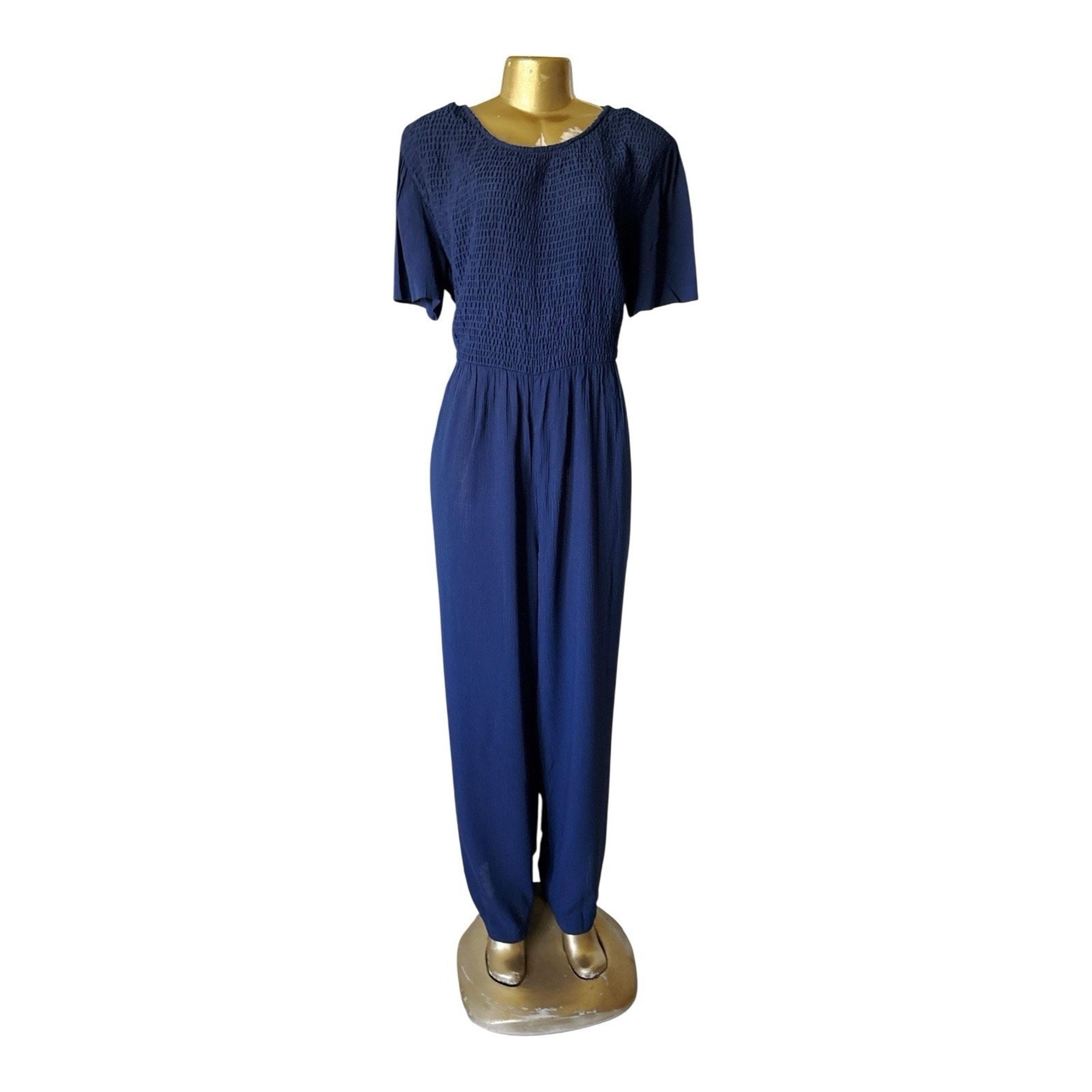 MOLLY MALLOY Womens Size 12 Navy Blue Vintage Short Sleeve One Piece Jumpsuit