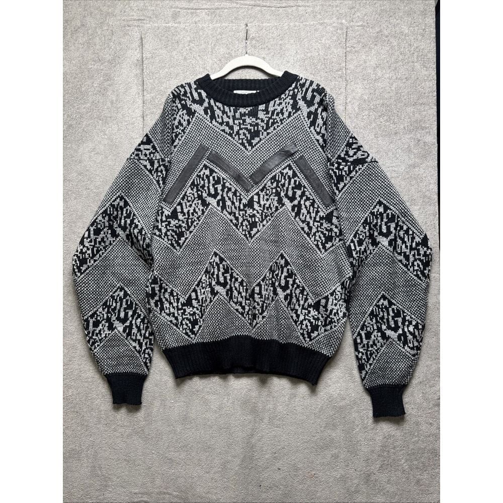 Vintage Sweater Mens 2XLT Black Wool Leather Cosby 80s 90s Pullover Grandpa
