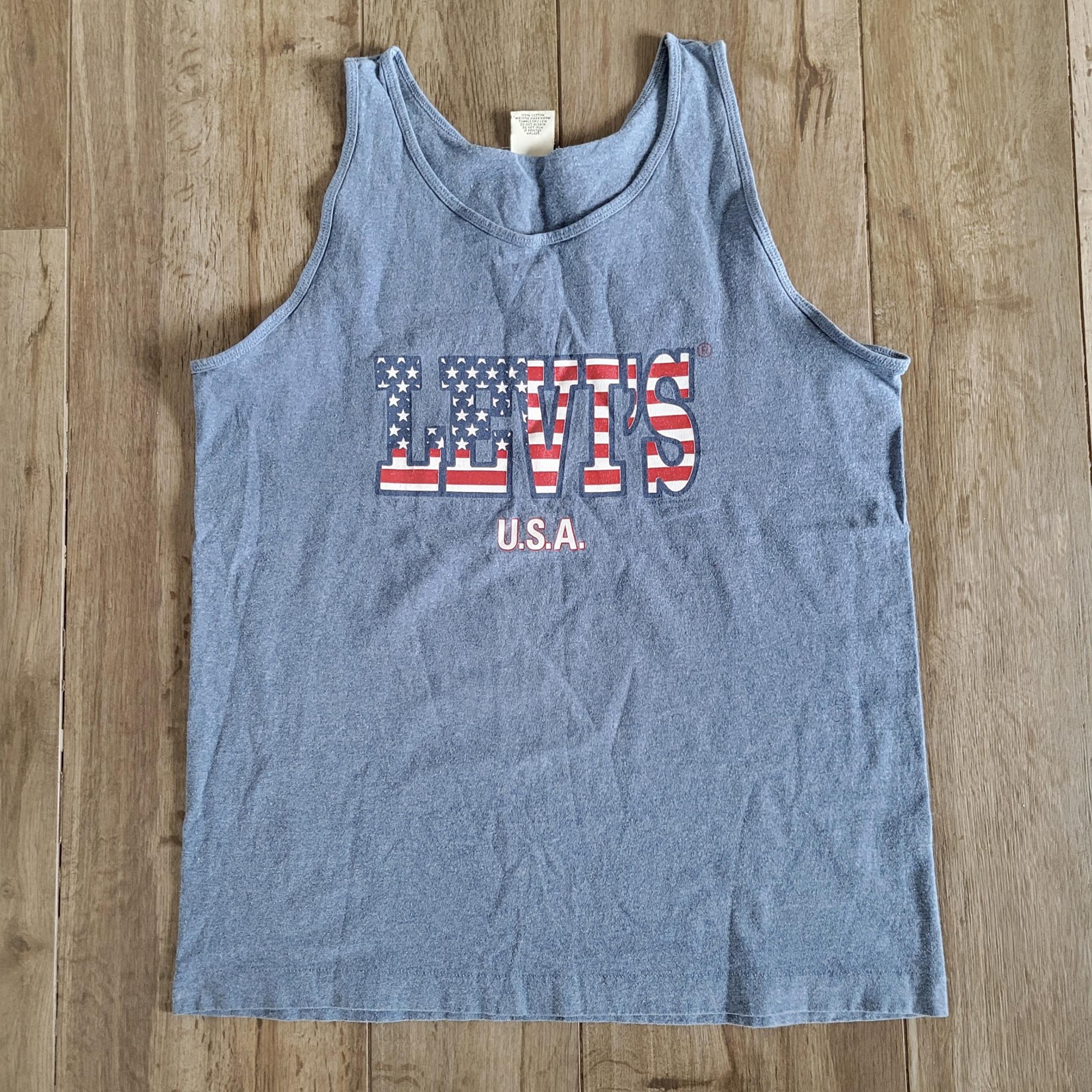 Vintage 90s Levis American Flag Graphic Tank Top M Blue Single Stitch USA Made