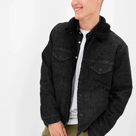 American Eagle Outfitter Men's Black Sherpa Line Denim Button-Front Jacket Sz L