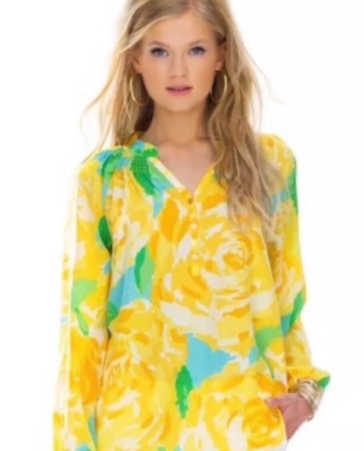 NWOT Lilly Pulitzer Elsa Silk - First Impressions Sunglow Yellow Roses - Large