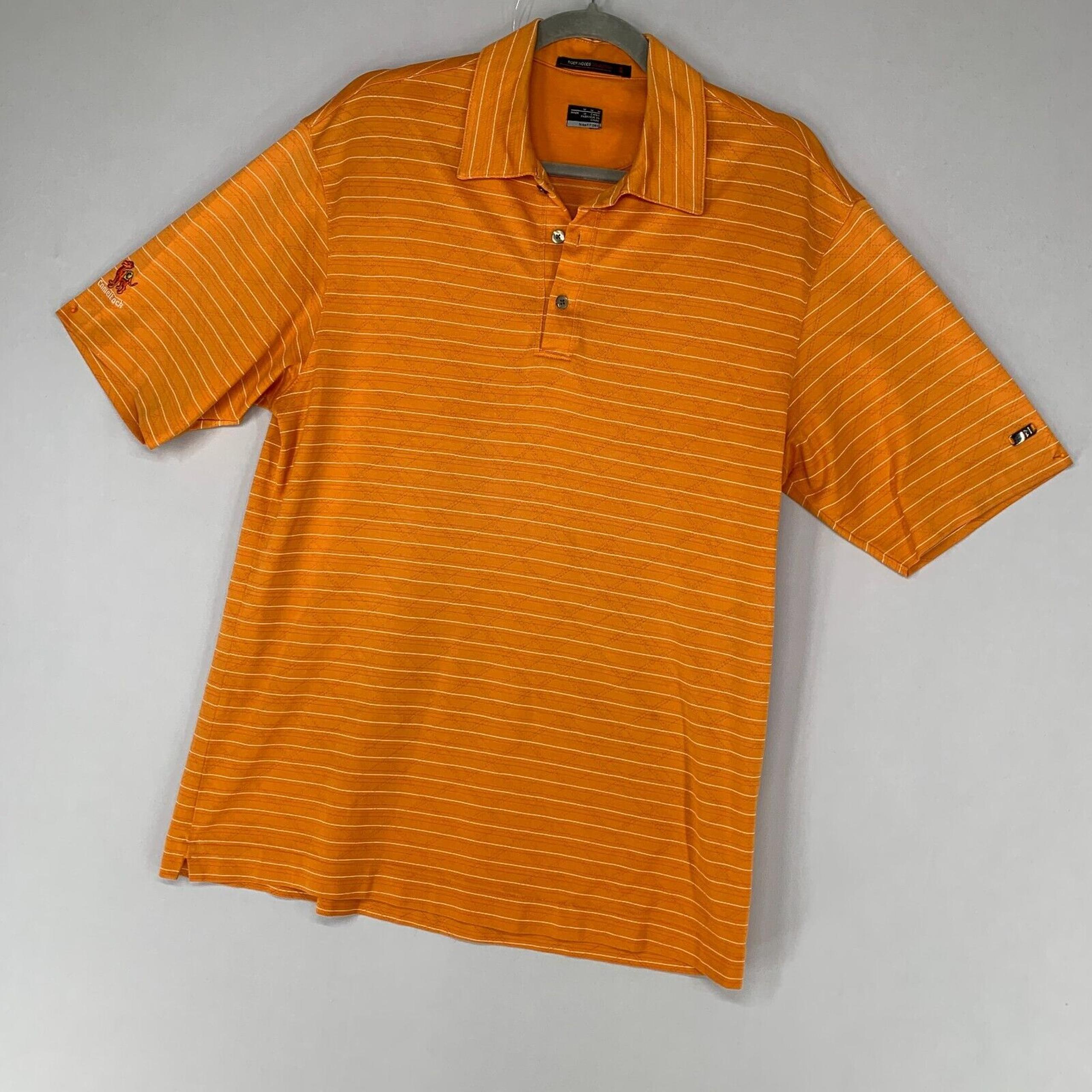 Tiger Woods Polo Shirt Men M Orange Striped Golf Cotton Short Sleeve