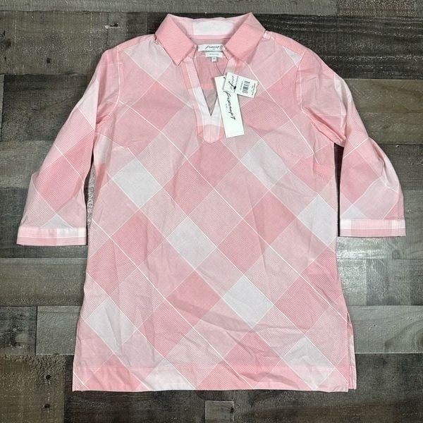 Foxcroft NYC Womens Size 4 Wrinkle Free Tunic Pink Gingham Blouse 3/4 Sleeve NWT