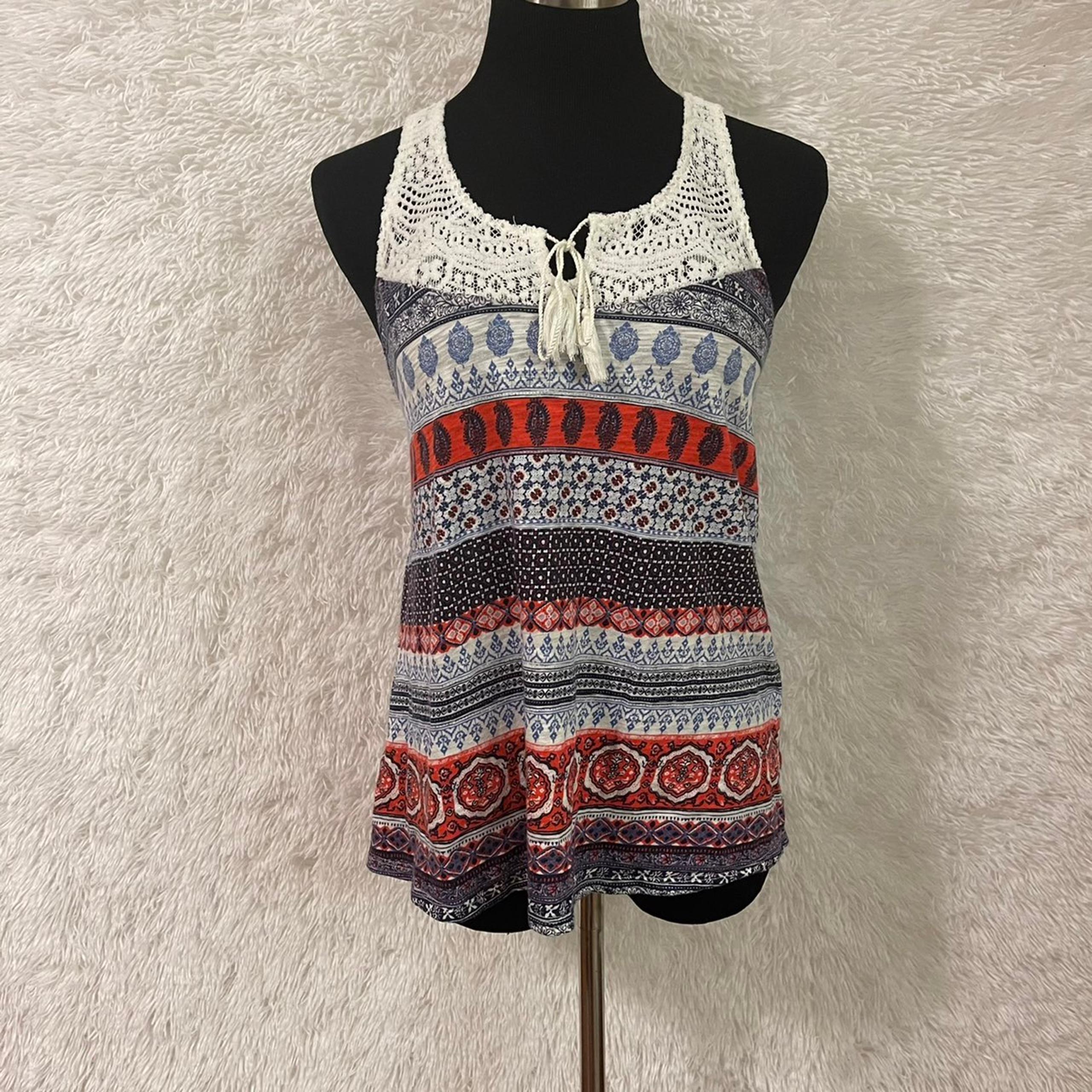 Lucky Brand Boho Lace Tie Neck Tank Top