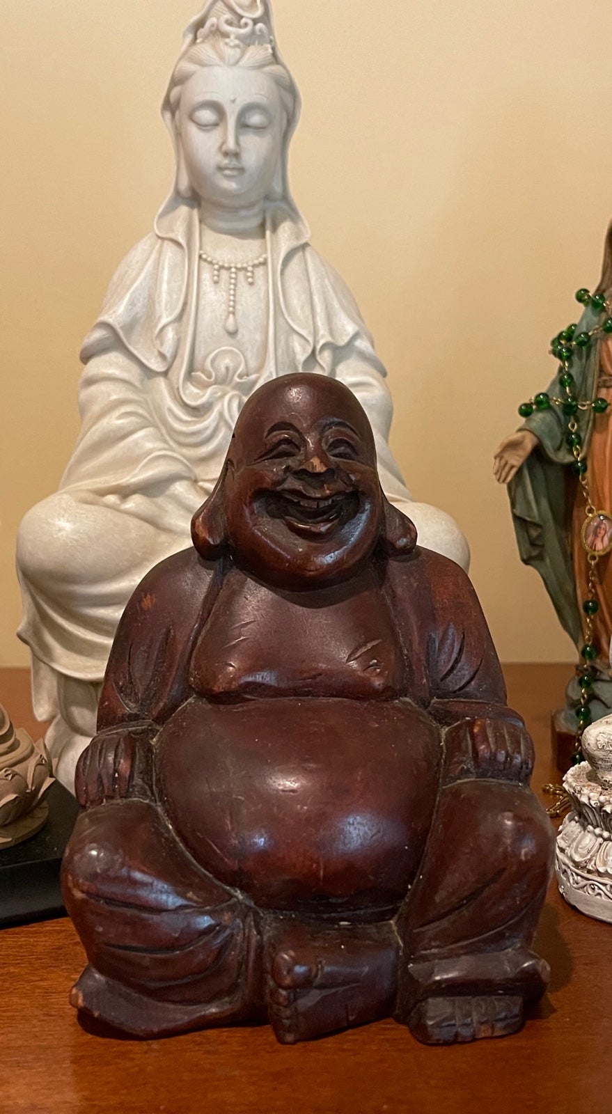 Vintage Wood Carved Laughing Buddha Sculpture Figure 6-1/2” T Antique Teak Wood