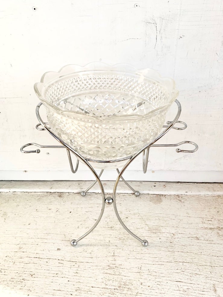 Crystal Centerpiece Fruit Basket Storage or Punch Bowl Set & Stand 4 Cup Hooks