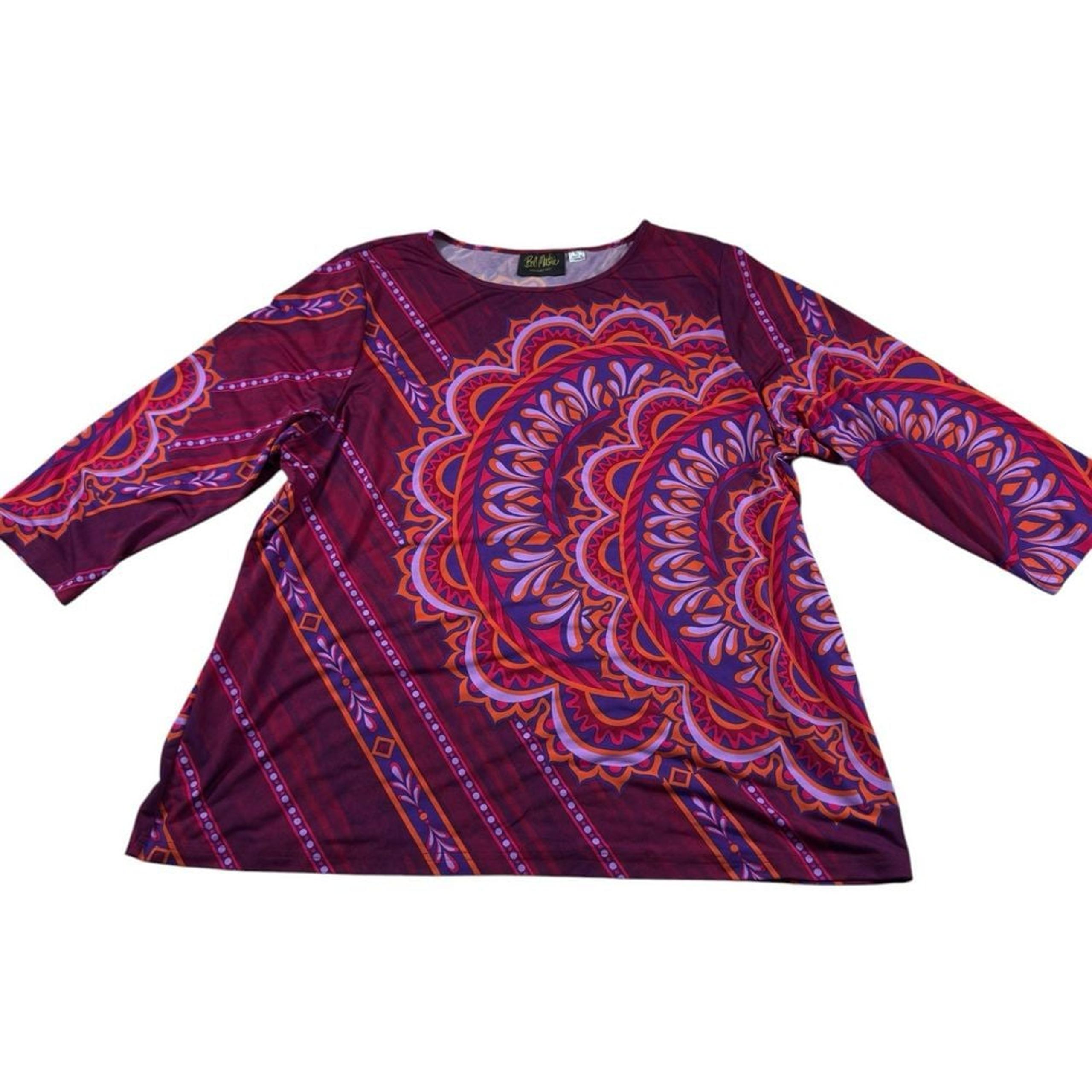 Bob Mackie Wearable Art Tunic Top Womens SIze XL 3/4 Sleeve Pullover Purple