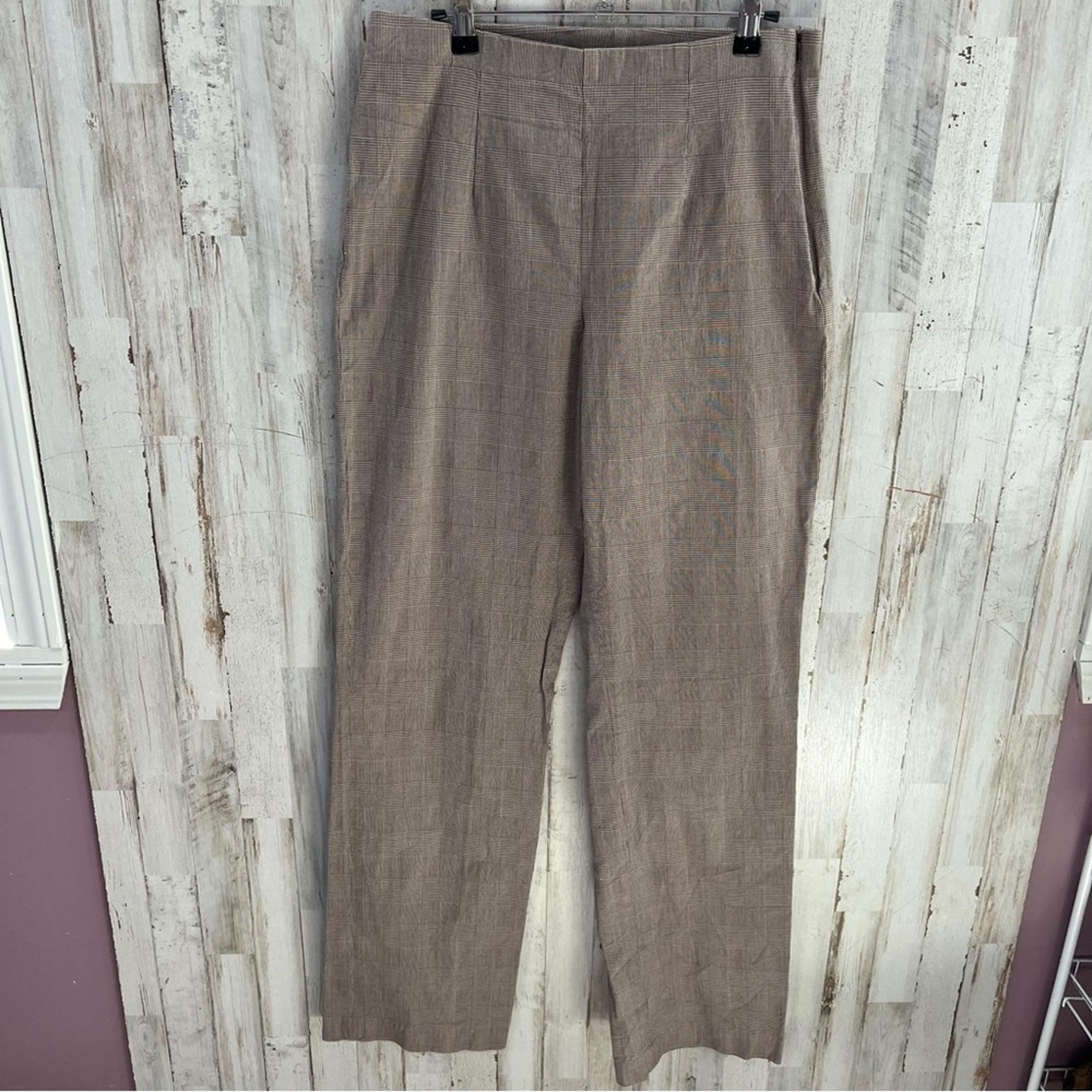 Eddie Bauer Brown Plaid Straight Leg Pants Side Zip TALL High Rise898