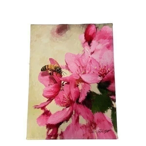 Art Print on Mounted Canvas Buzz n Blossoms Honey Bees Pink Flowers 8x11