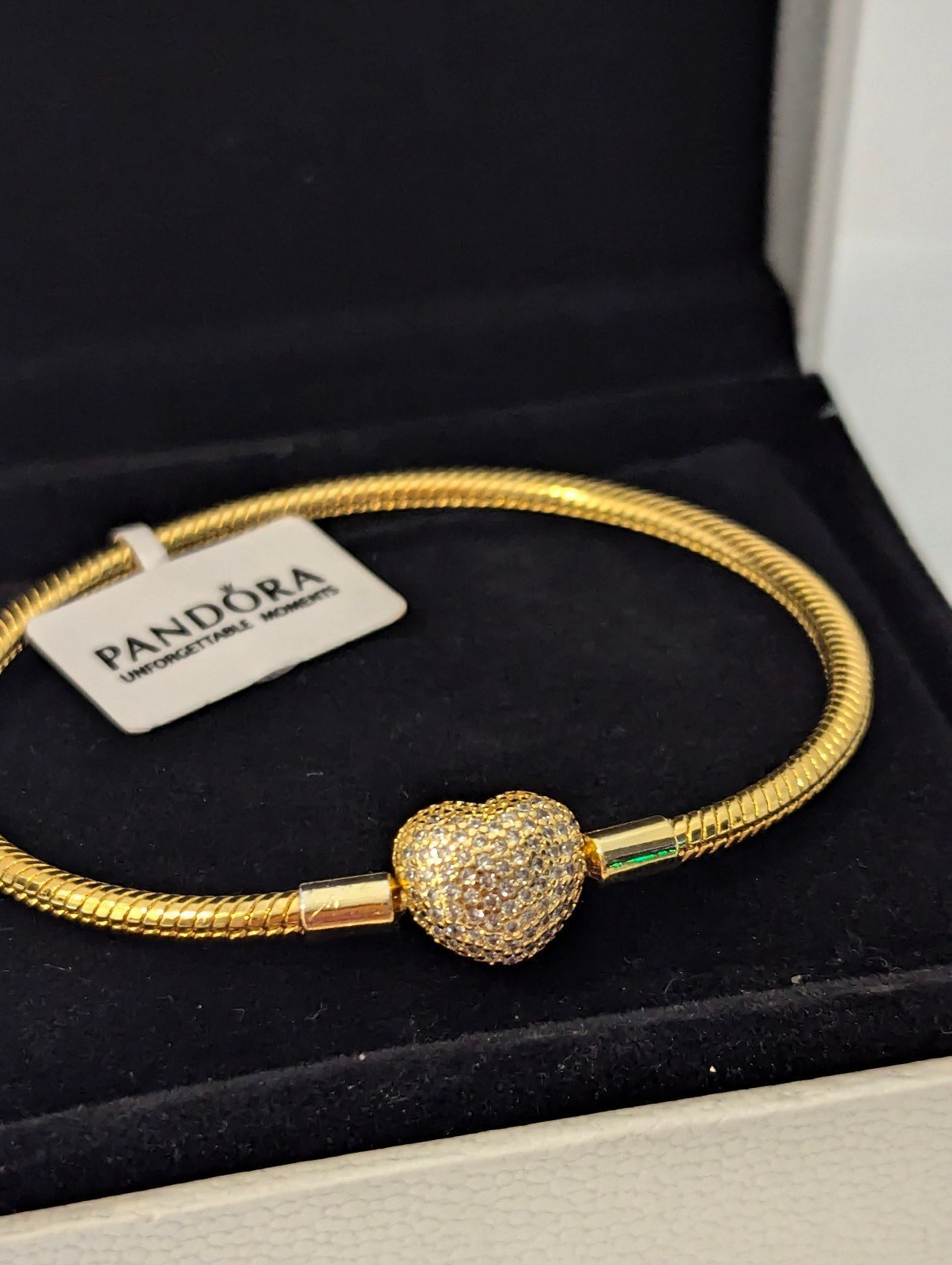 Pandora Moments Sparkling heart claps snake chain charm bracelet size 7.5 inches