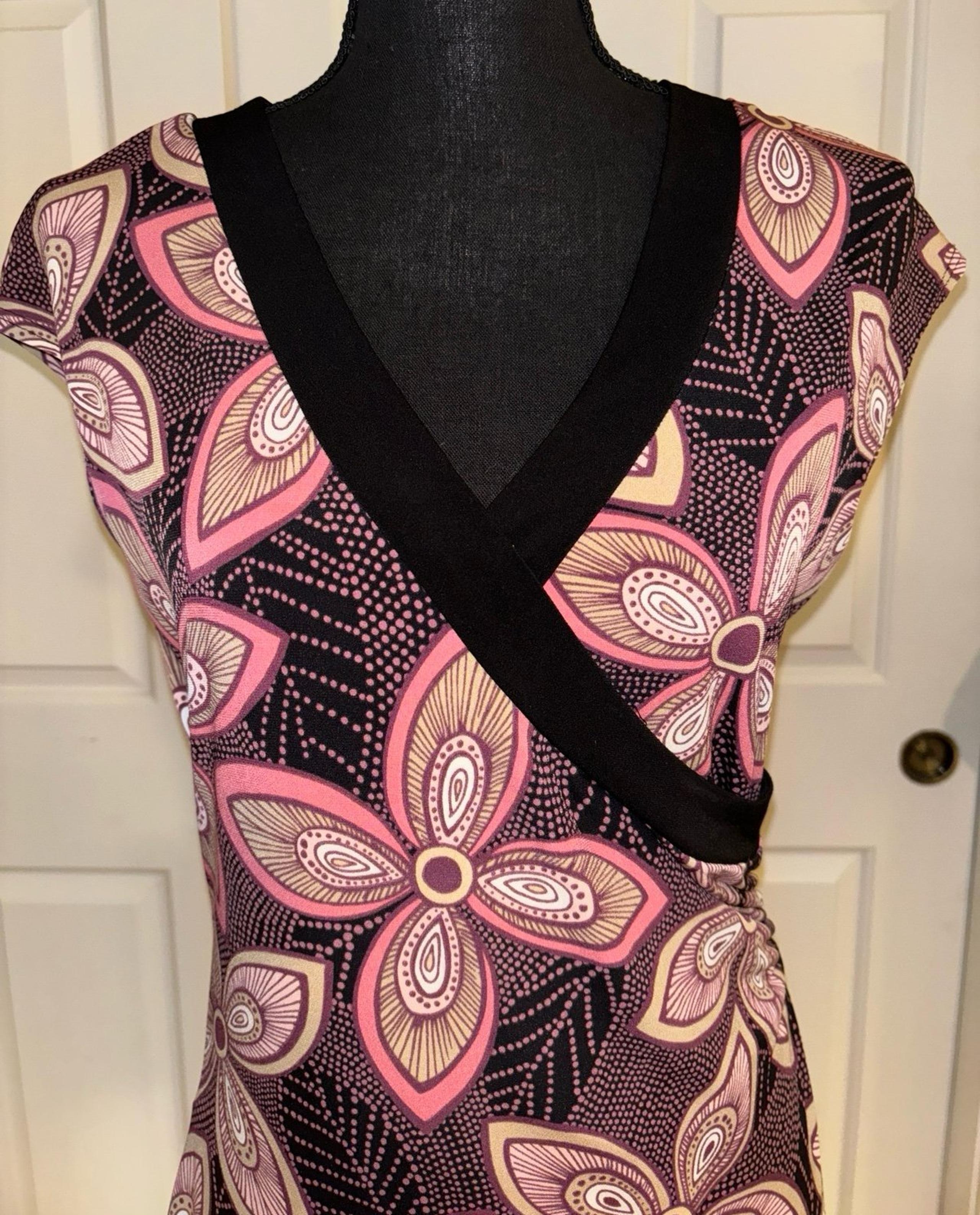 La Belle pink, tan & black floral dress, size unknown