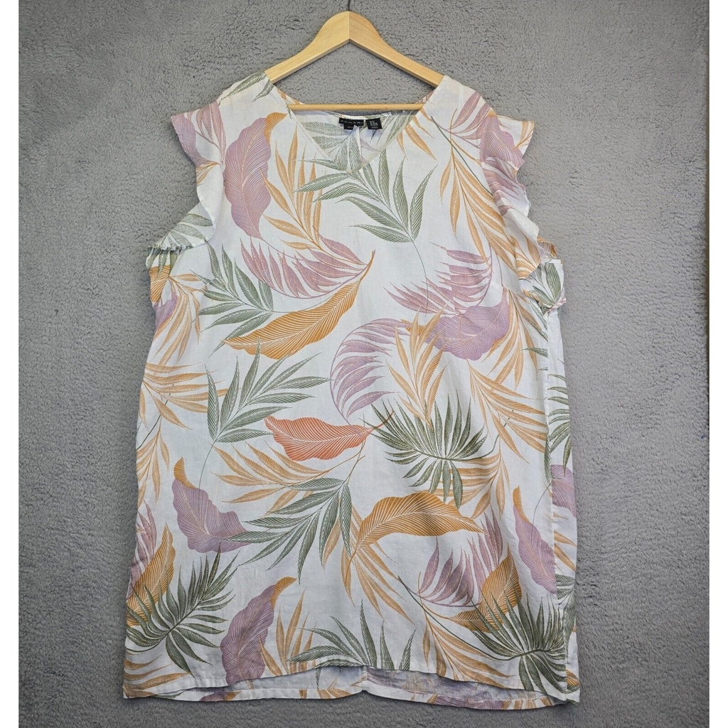 Tahari Linen Dress Womens Plus Size 3XL White Leaf Beach Tropical Hawaiian Short