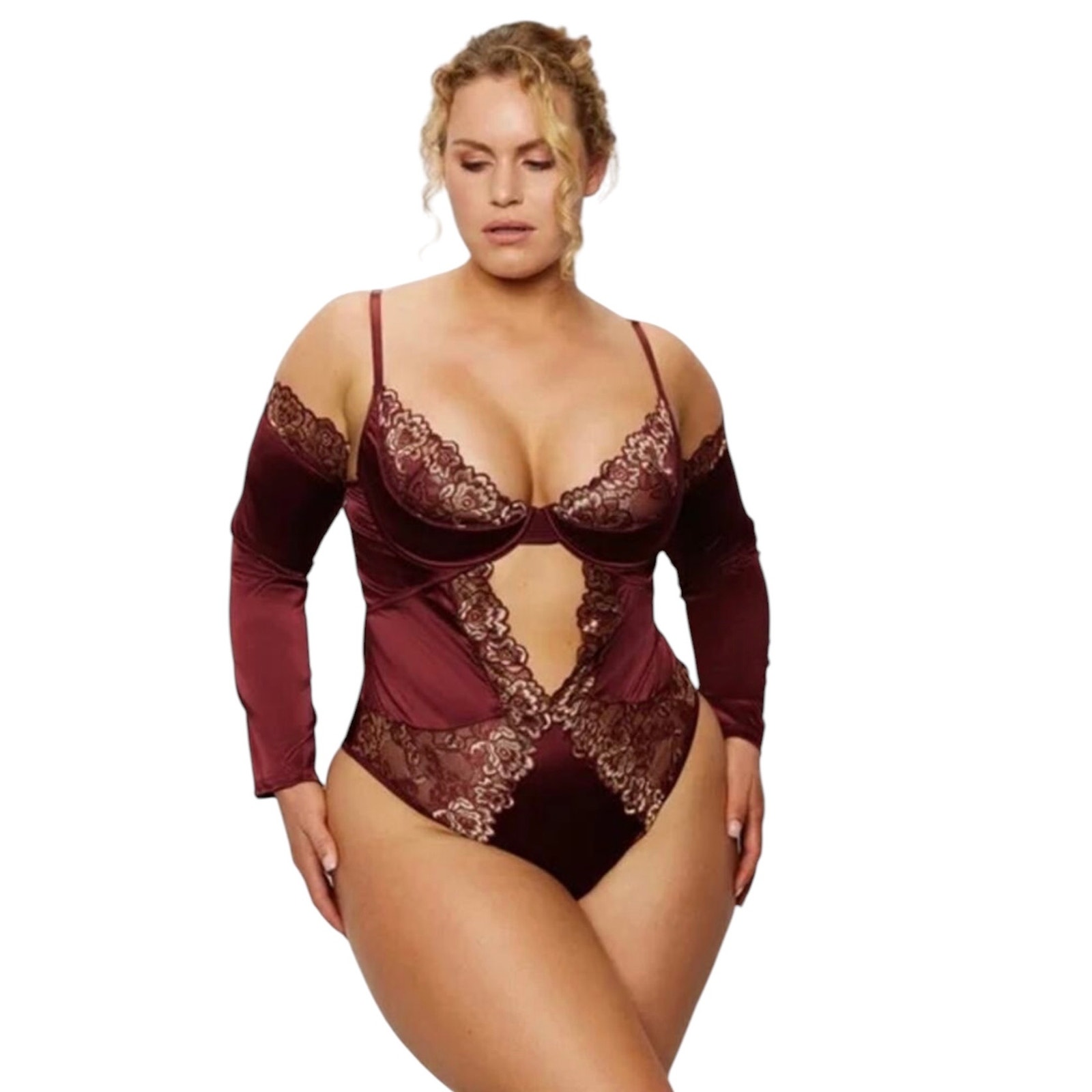 NWT! Frederick’s of Hollywood Andrina Gold Lace Burgundy Satin Teddy/Bodysuit S