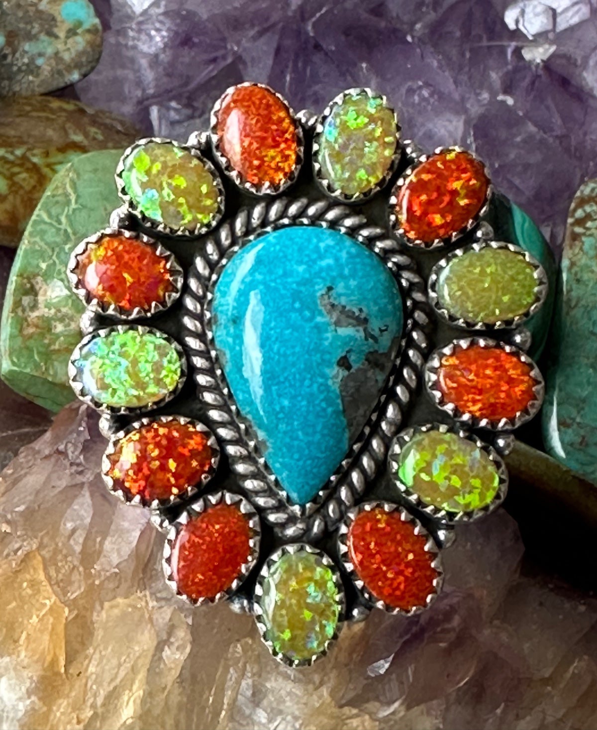 Turquoise, opal sterling silver statement ring