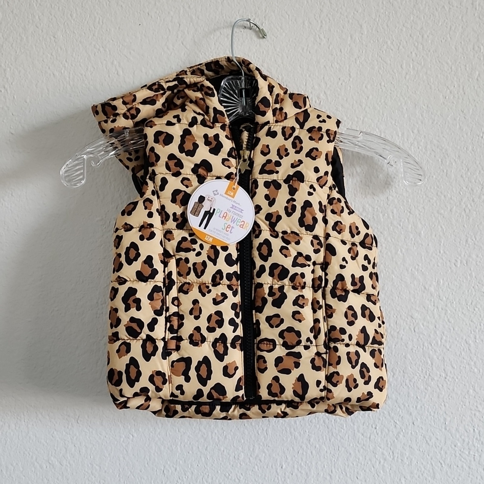 PUFFER VEST Hooded Leopard Animal Print Zips Pockets Size 12M Cream & Black