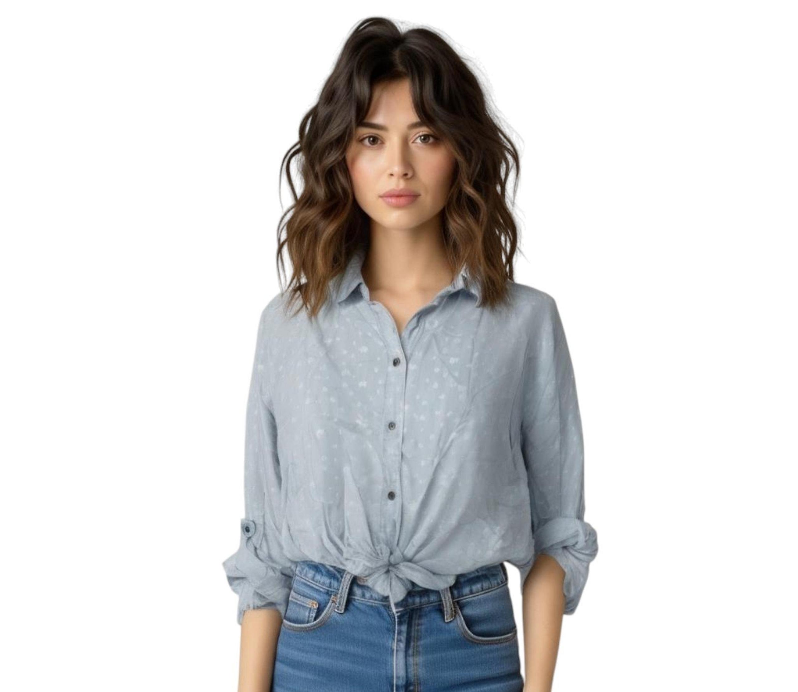Beachlunchlounge Blue White Star Print Long Sleeve Button Down Tie Front Blouse