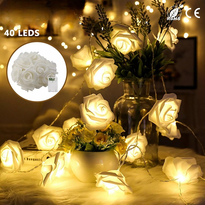 2pcs 40LED Rose Flower String Lights Fairy Wedding Party Garden Home Xmas Decor