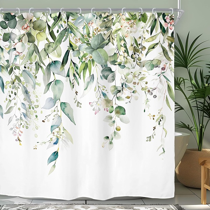 Green Eucalyptus Shower Curtain Bathroom Decor Set with Hooks 72x72 Inch