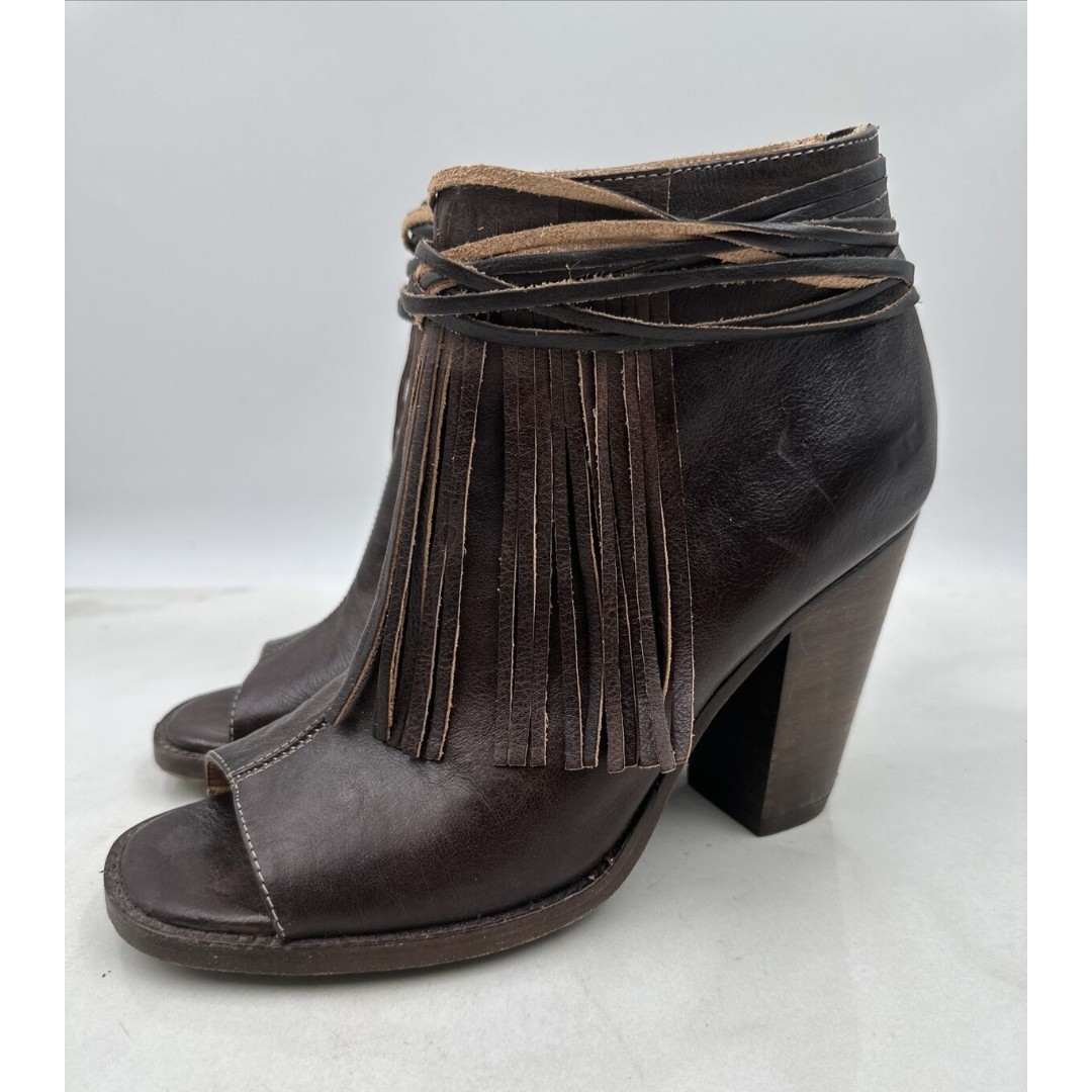 Bed Stu Booties Womens Sz 11 Onset Olivia Peep Toe Fringe Brown Leather