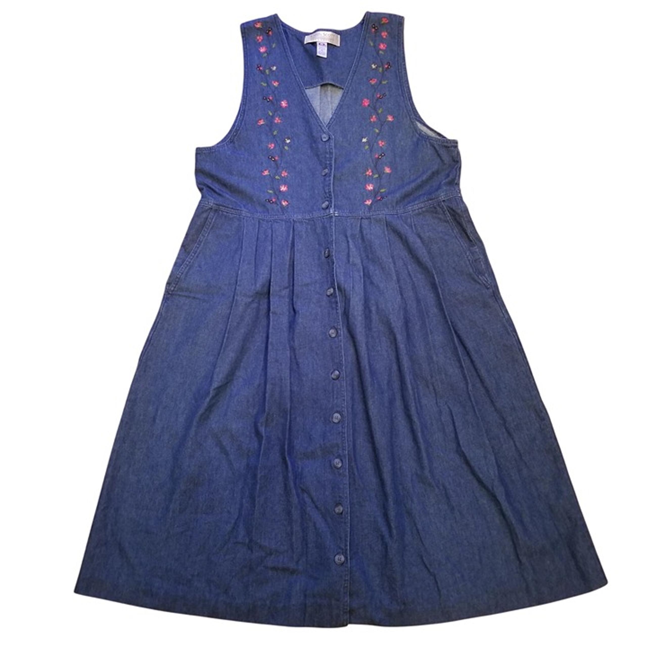 Karen Scott M Denim Blue Floral Jean Jumper Dress Long Maxi Y2K 90s Embroidered