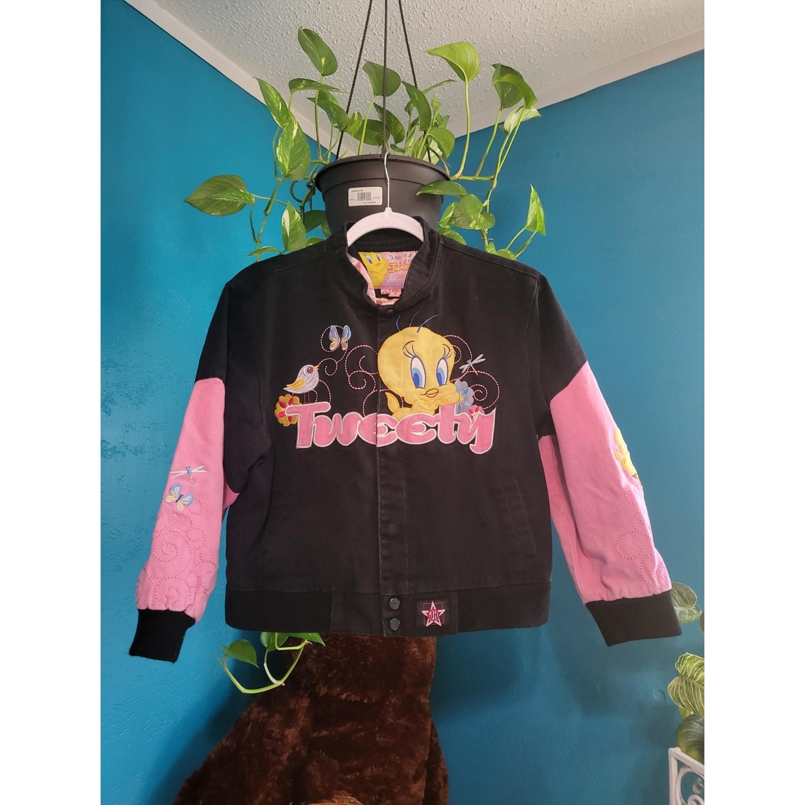 Rare Tweety Bird Bomber Racecar Jacket Button Up Youth 9-10 L