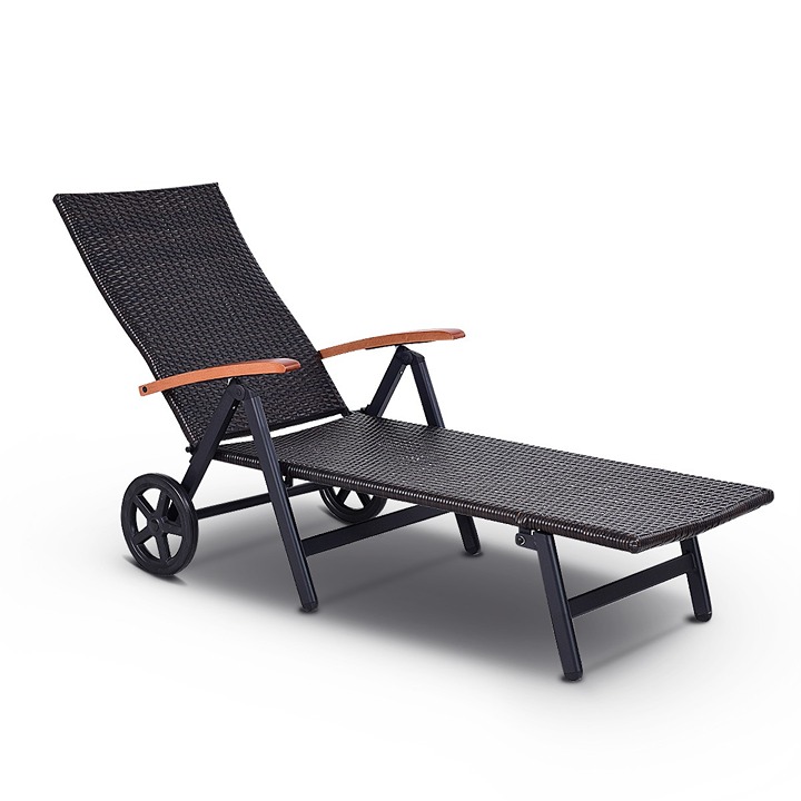 Folding Back Adjustable Aluminum Rattan Lounge Recliner Chair on Wheels Brown