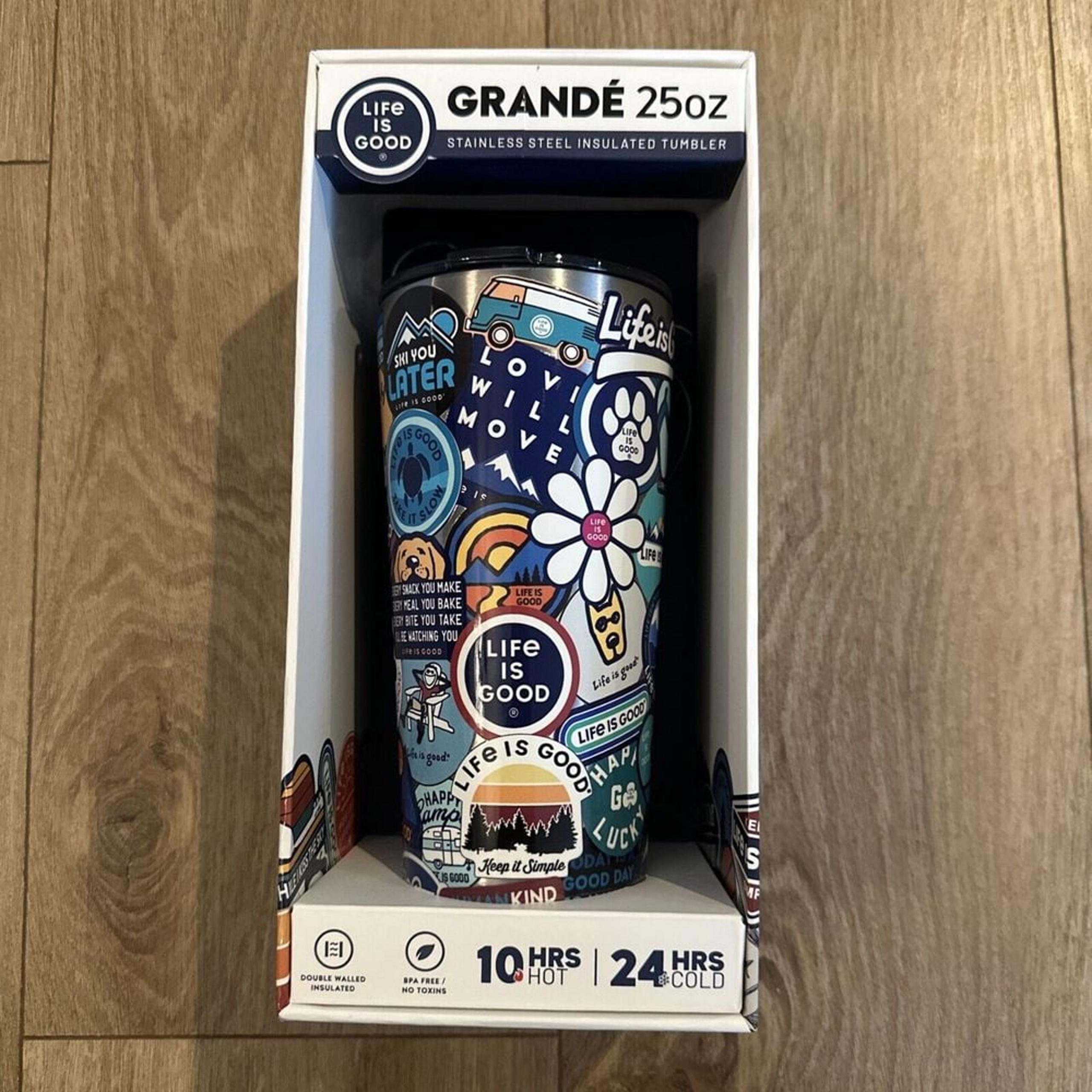 Life is Good GRANDE 25oz Stainless Steel Tumblers Stickers All Over NEW