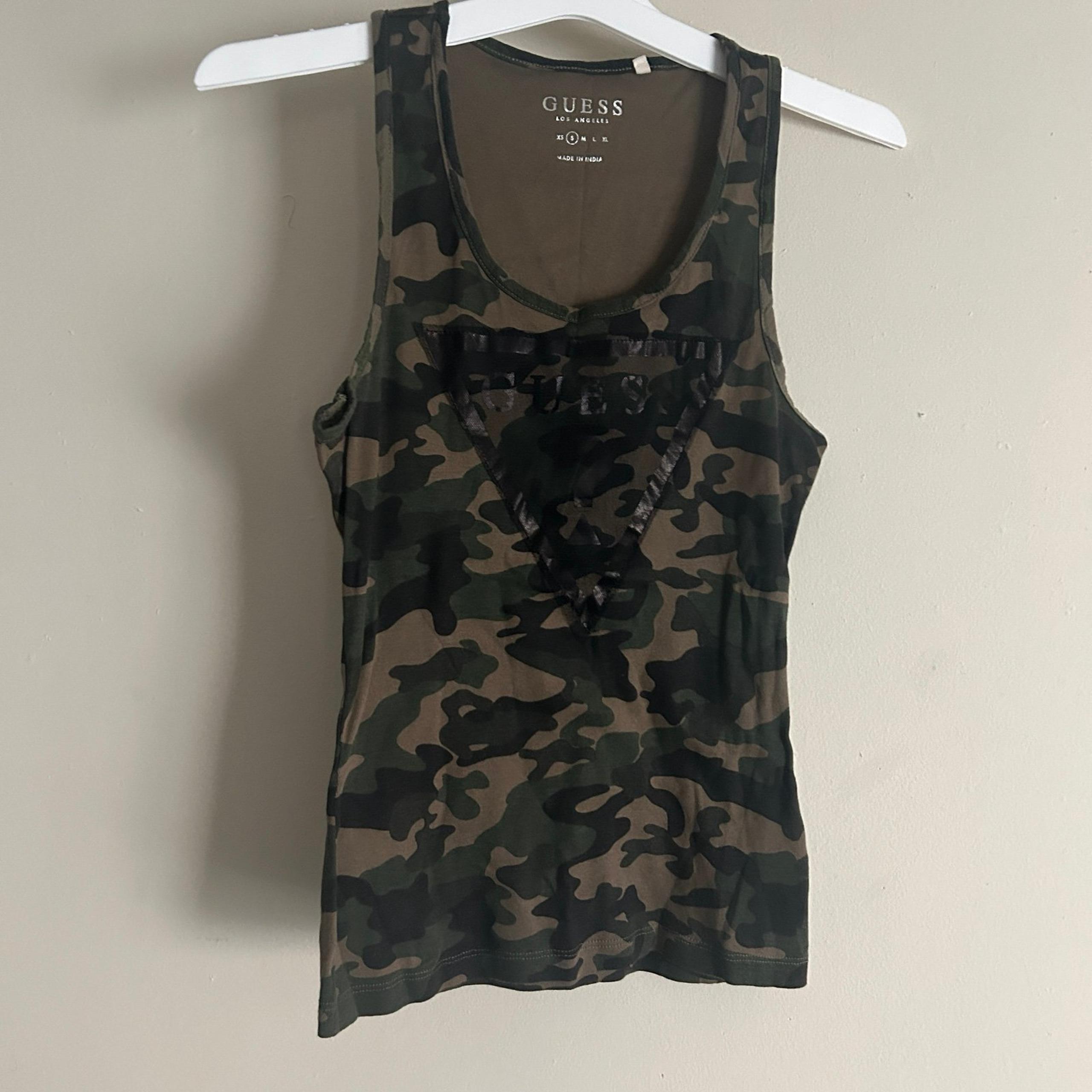 Guess Womens Tank Top Camo Triangle Mesh Logo Green Size Small