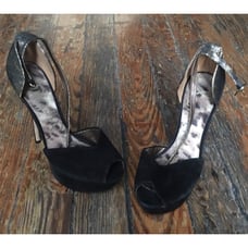 BN Sam Edelman Marina Peep Toe Black Suede Gold Stiletto Platform Pump Heels 9