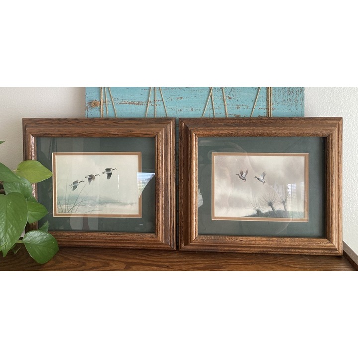 VTG Framed Waterfowl Duck Geese Scenes Man Cave Hunter Green Cabin Art Set Of 2