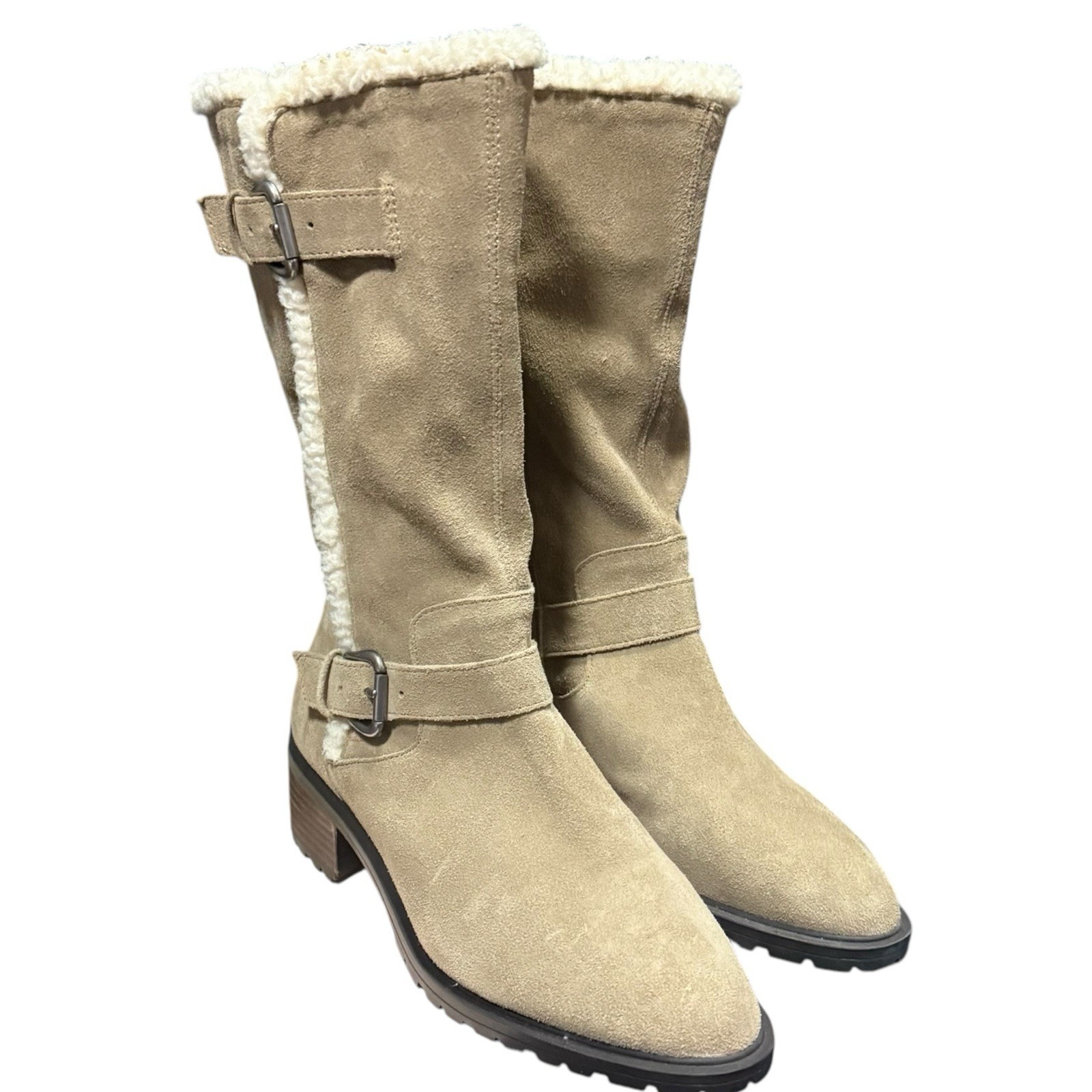 Lucky Brand NEW Women's Jacoba Mid Calf Boot Faux Fur Dune Oiled Suede Size 7.5