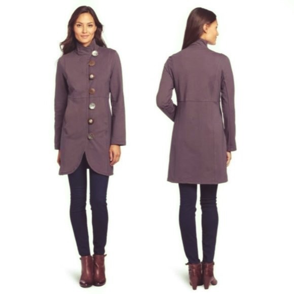 Neon Buddha Purple Coconut Button Front Funnel Neck Long Sleeve Coat Women's