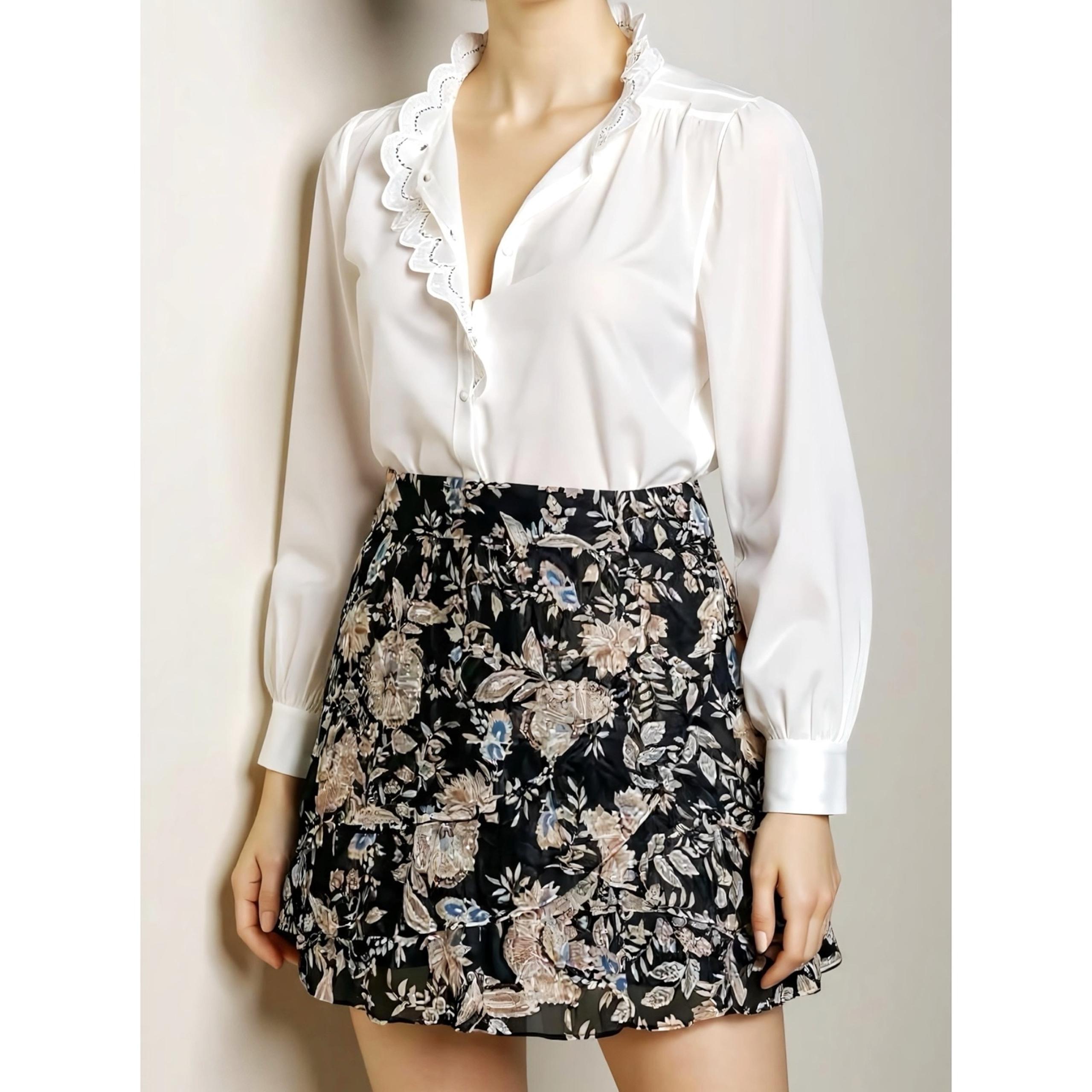 SÉZANE Carolina Mini Skirt, Black/Floral Print, FR46/US14 - Sezane