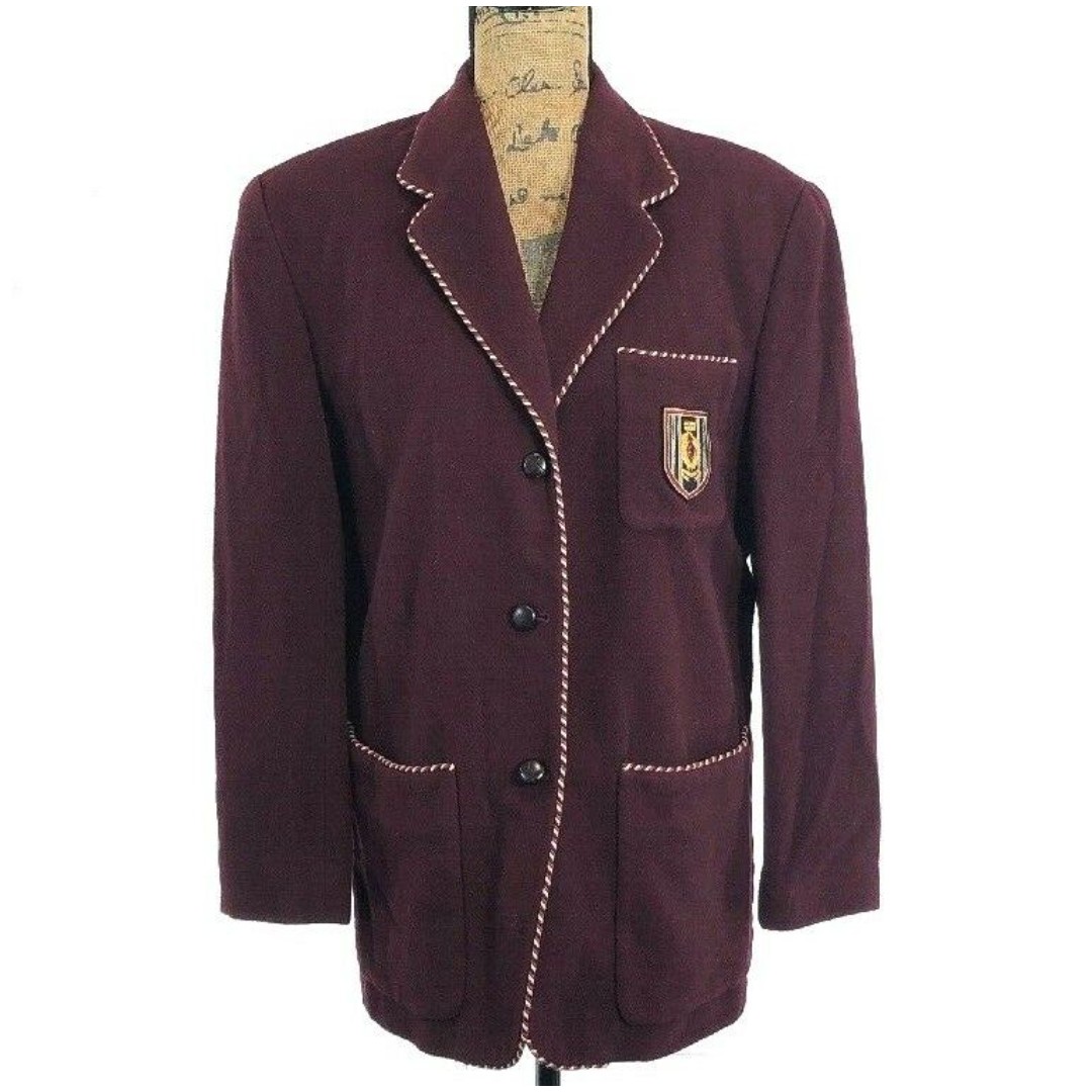 DKNY Donna Karan Jacket Blazer 6 Burgundy Red Gold Crest Wool Blend Piping