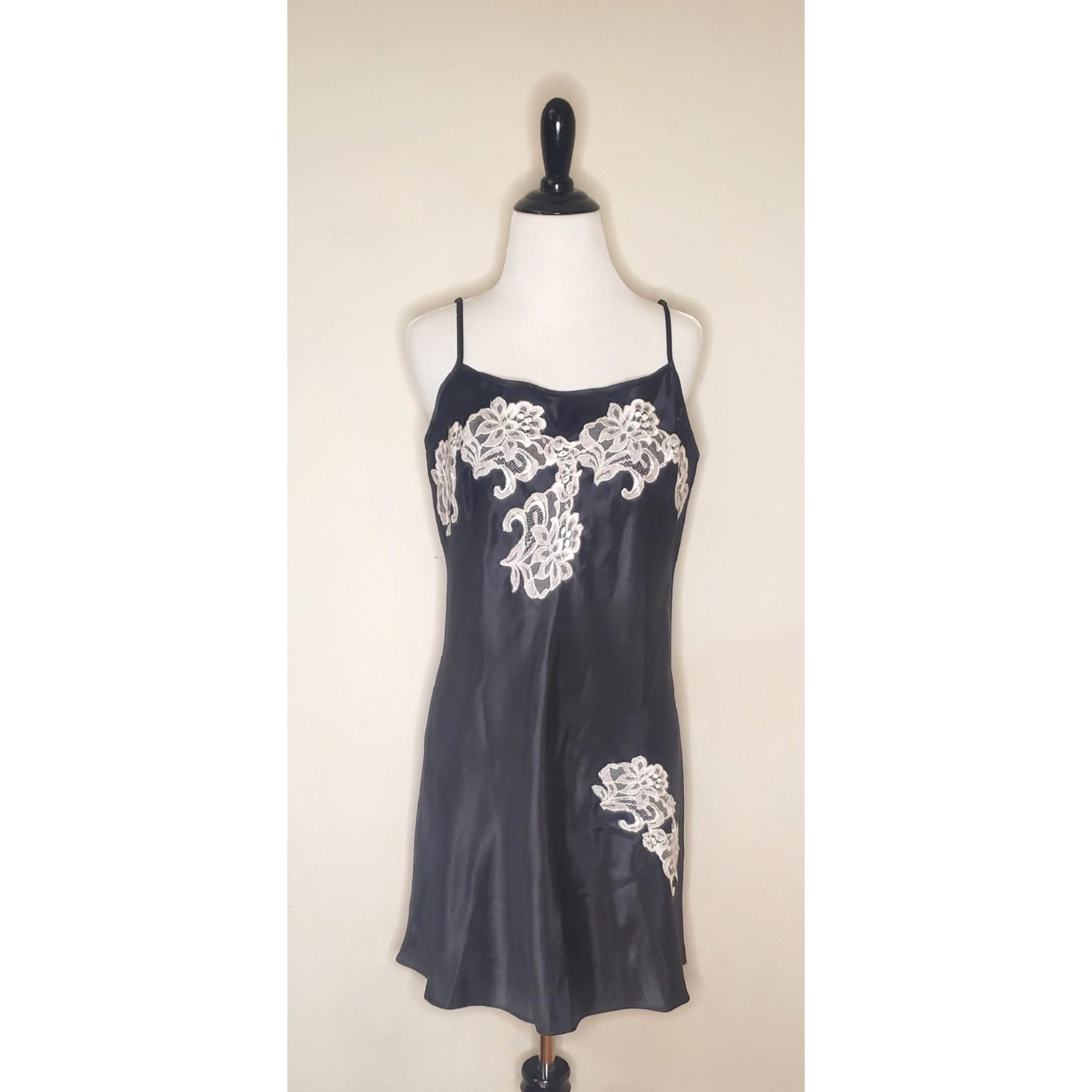 Vtg. Natori Private Luxuries Black Satin Slip Dress Babydoll With Ivory Lace...