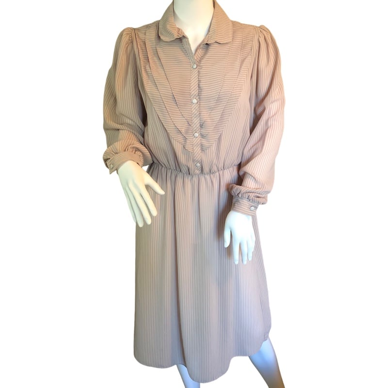 VINTAGE dress beige striped XS midi button up ruffled chest 1900’s Costume