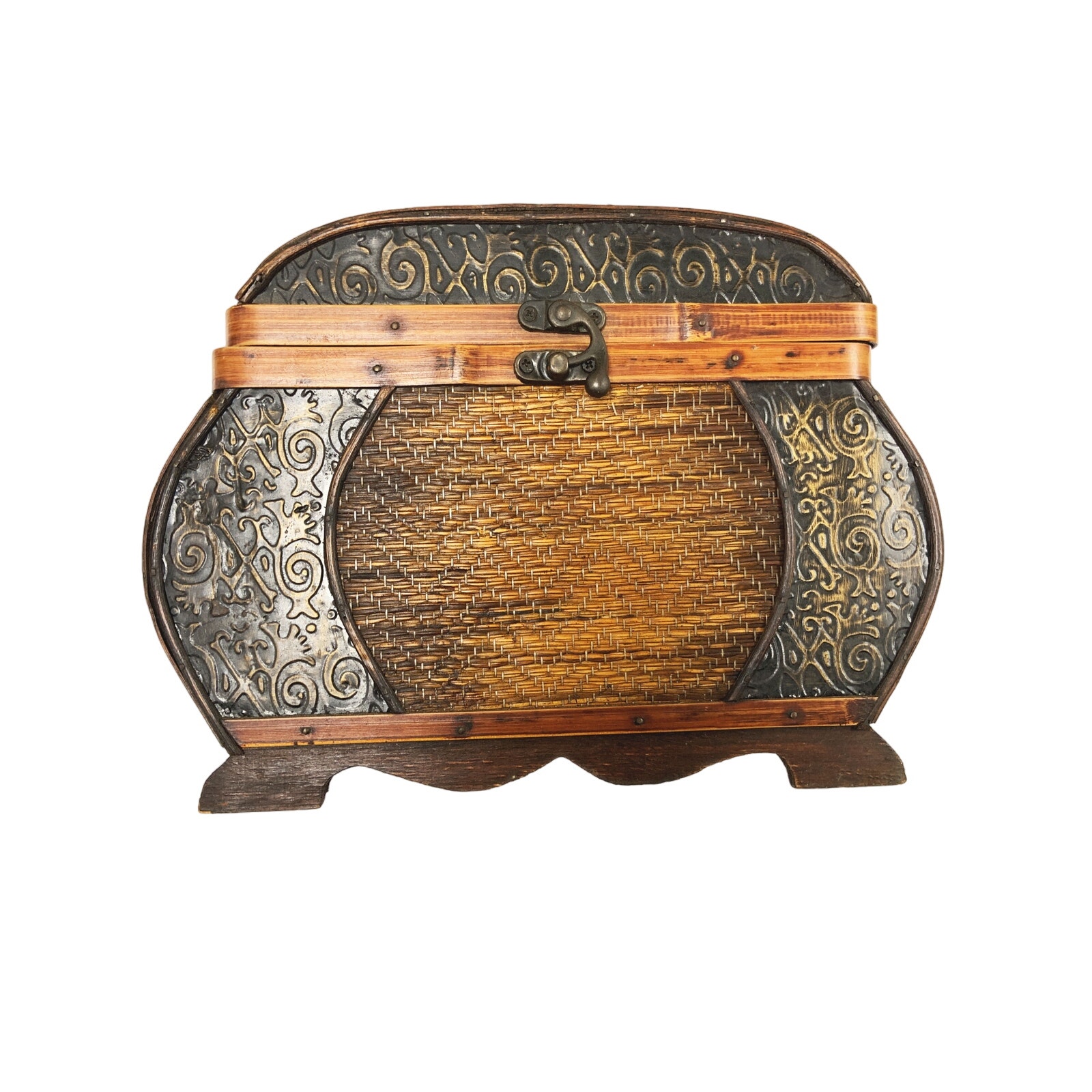 Vintage Wood Wicker Box w/ Hinged Lid Latch Close Boho Treasure Chest