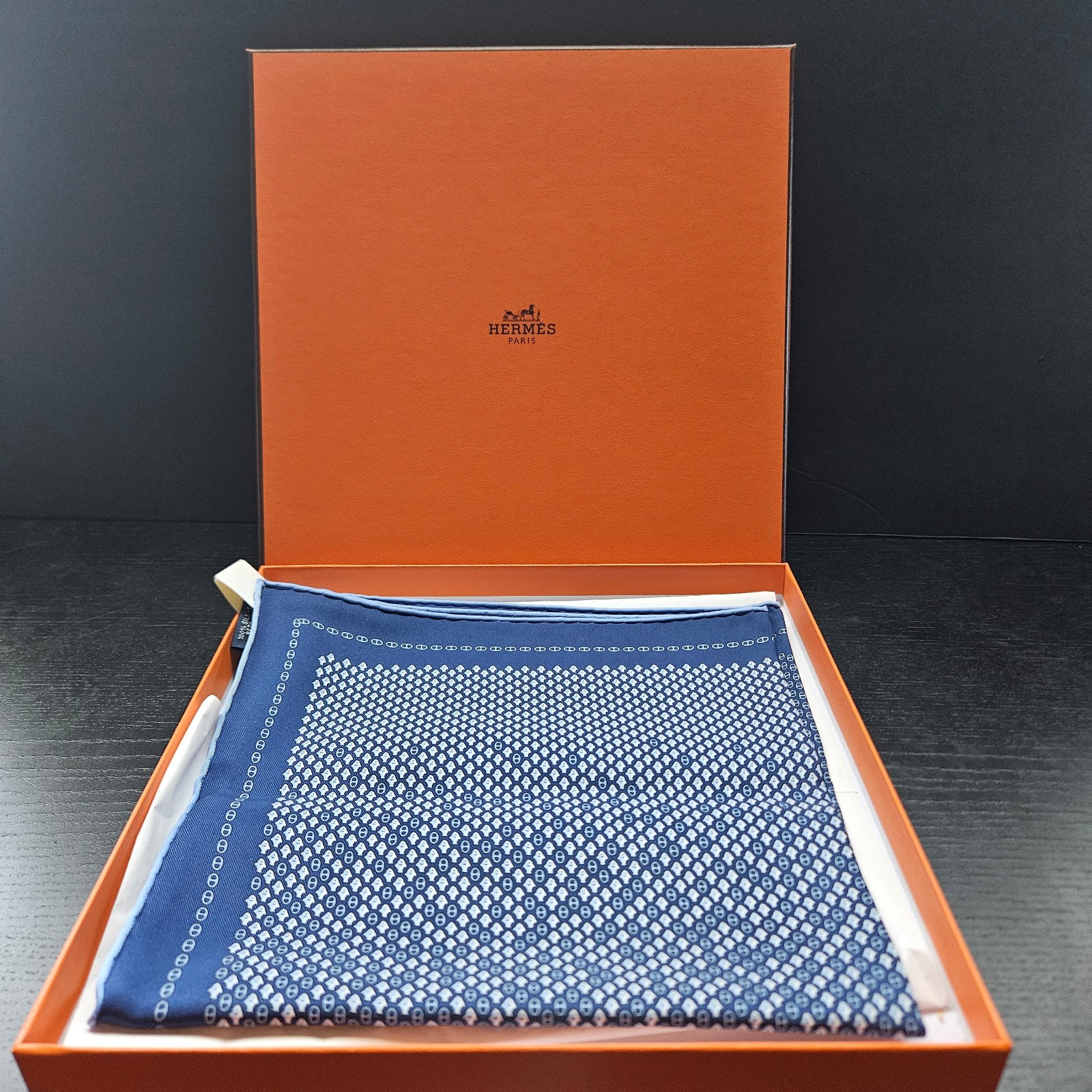 Hermes France Pochette Soie Vintage Poisson Maillon Marine Scarf With Box