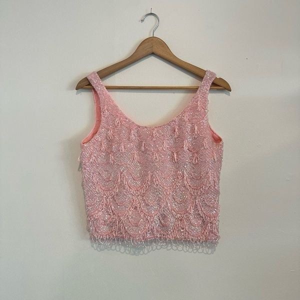 Nine Dragons Vintage Pink Beaded Sequins Hong Kong Blouse 1950-60 Size Small