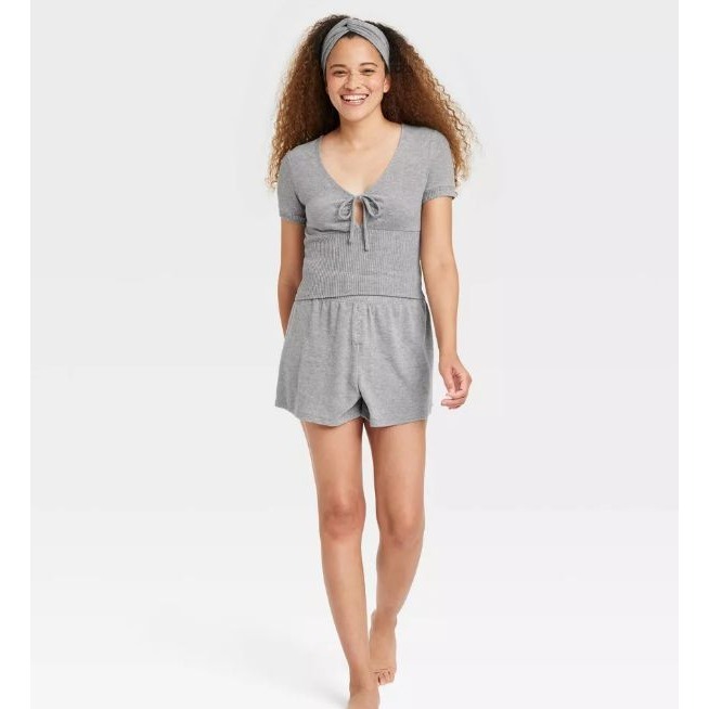 Colsie Women's Pajama Top Shirt Pullover Front Tie & Headband 2pc Gray Sz Medium