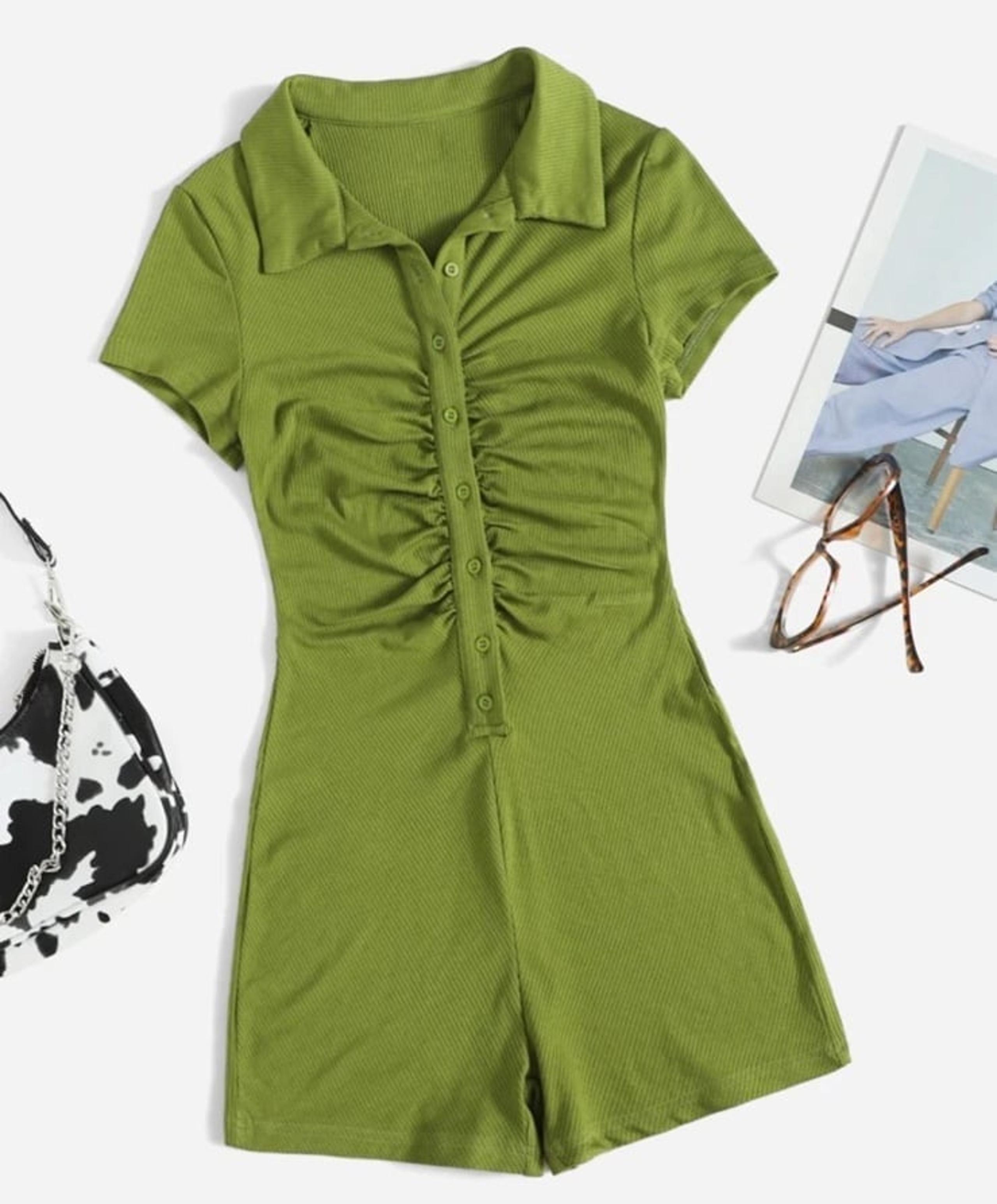 SHEIN Button Ribbed Knit Solid Romper, Cap Sleeve,Ruched, Summer, Spring Jumpsit
