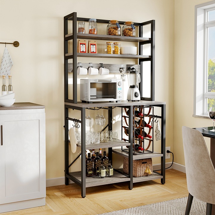 6-Tier Kitchen Bakers Rack Microwave Stand w/ Power Outlet & Wine Glass Holderhe
